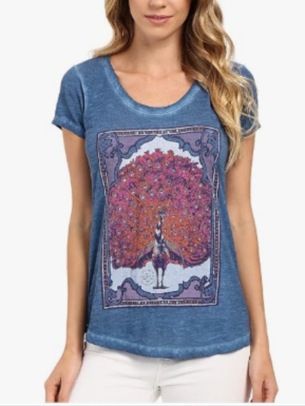 Lucky Brand Blue Short-Sleeve Tee with Pink Peacock Graphic